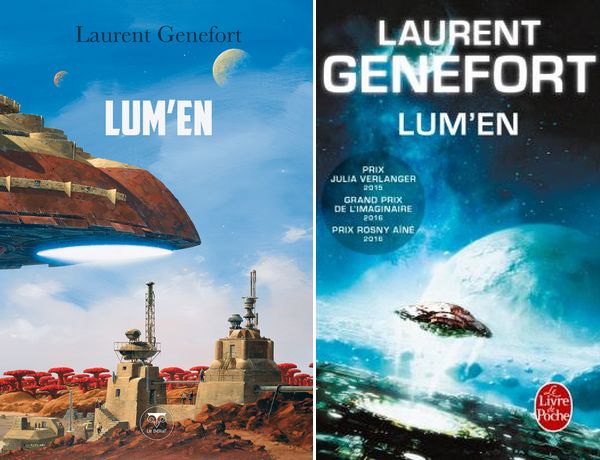 Les deux couvertures de Lum'en de Laurent Genefort : Manchu illustre pour Le Bélial